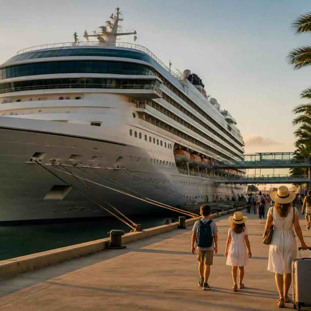Family with luggage walking toward a cruise ship docked at Port Canaveral cruise terminal