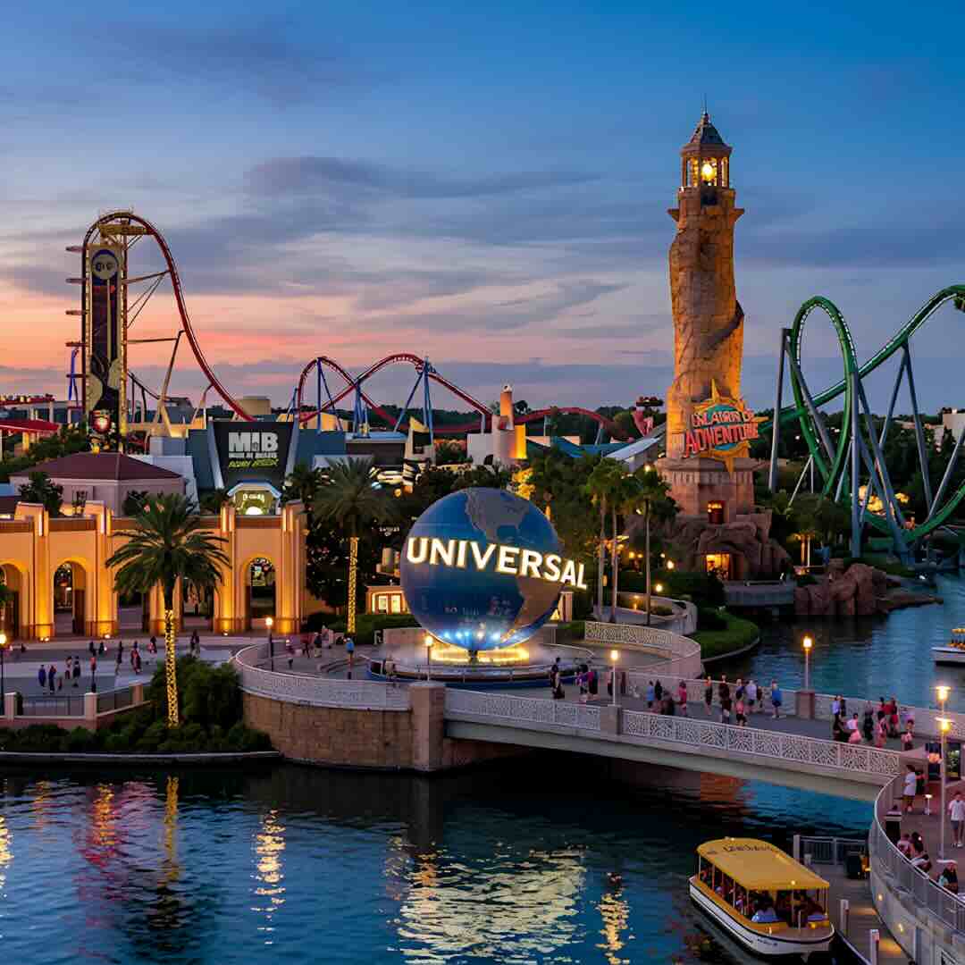 Aerial view of Universal Orlando Resort at sunset with the Universal globe, Islands of Adventure roller coasters, and Hogwarts Castle