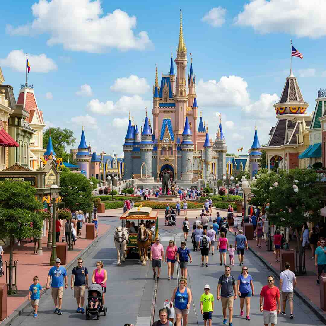 MCO to Walt Disney World Orlando Families walking down Main Street USA toward Cinderella Castle at Walt Disney World Magic Kingdom