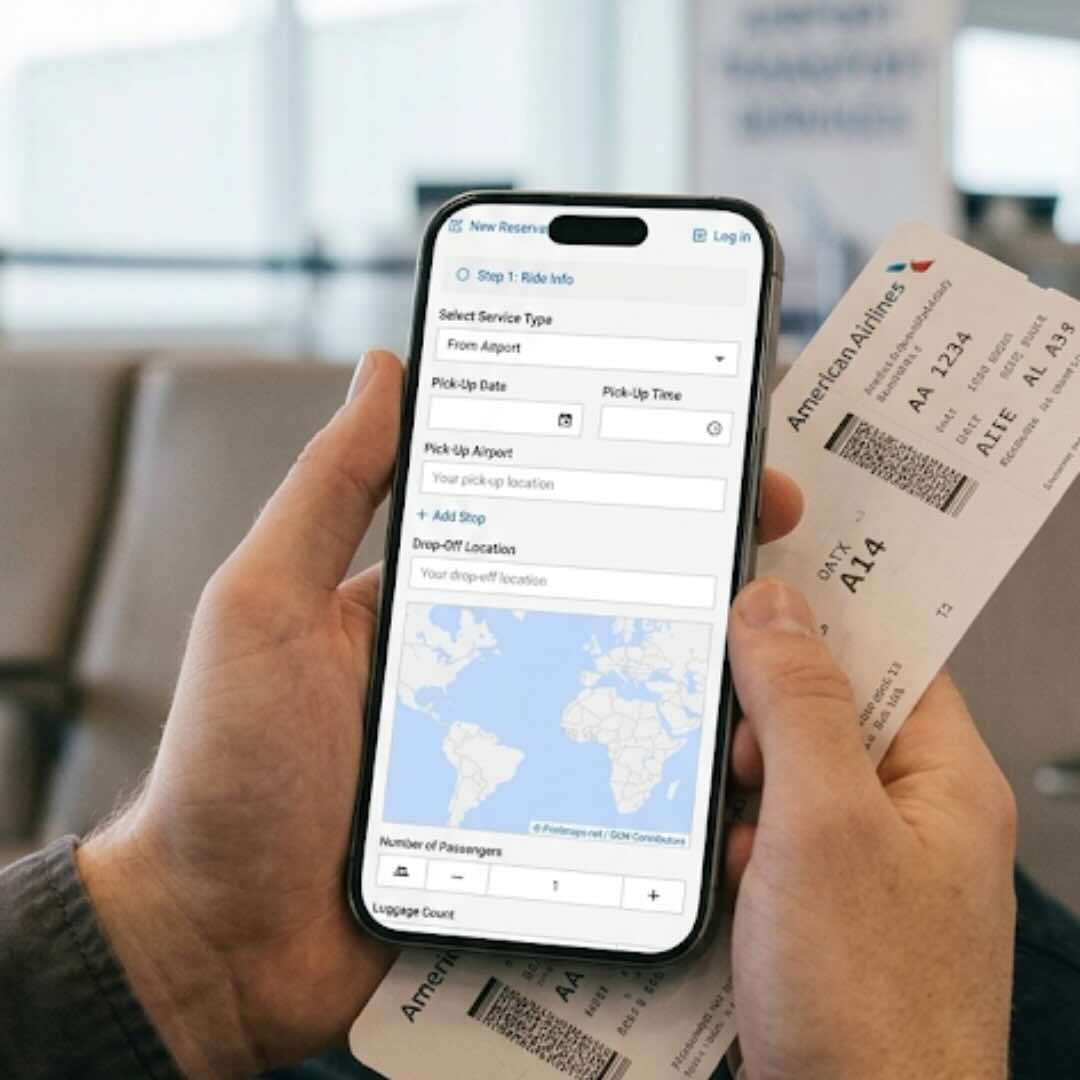 Traveler entering flight details to book Orlando airport transportation service on a smartphone