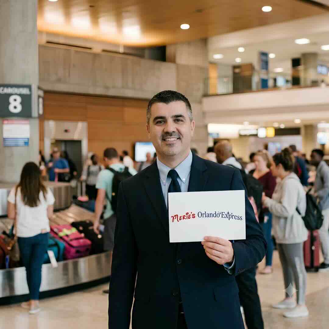 Merie's Orlando Express driver holding name sign at Orlando International Airport baggage claim