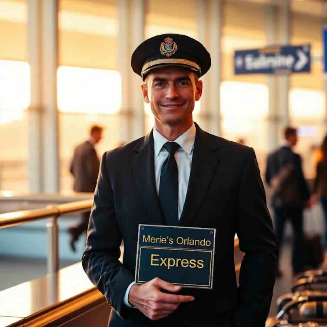 Merie's Orlando Express uniformed driver holding name sign at MCO baggage claim