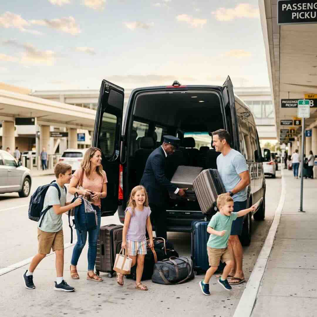 Family loading luggage into a private van for group transportation from Orlando International Airport MCO