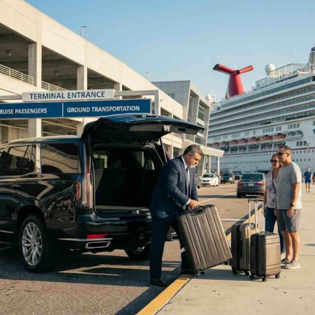 Merie's Orlando Express driver unloading luggage at Port Canaveral cruise terminal after MCO transfer