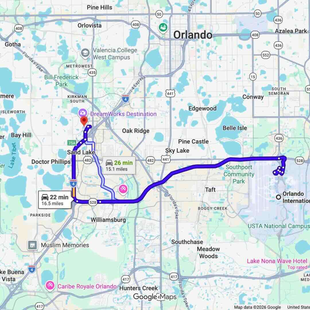 Google Maps route from Orlando International Airport MCO to Universal Orlando Resort, 16 miles via FL-528 and I-4