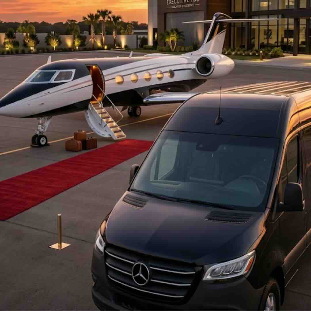 Black Mercedes Sprinter van at private jet terminal for Orlando executive transportation